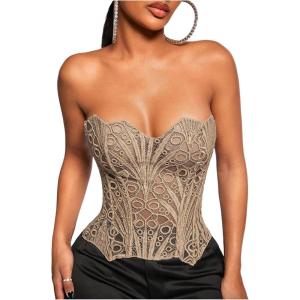 image:imageFloerns Womens Lace Strapless Going Out Tube Top Tie Back Club Date Night Corset TopsBrown