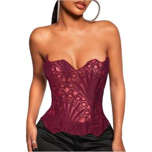 image:imageFloerns Womens Lace Strapless Going Out Tube Top Tie Back Club Date Night Corset TopsBurgundy