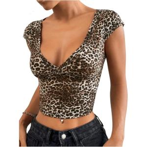 image:imageFloerns Womens Leopard Print Cap Sleeve T Shirts V Neck Y2k Crop Top Tee ShirtsBrown