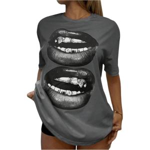image:imageFloerns Womens Lips Print Half Sleeve T Shirts Oversized Summer Tee ShirtsDark Grey