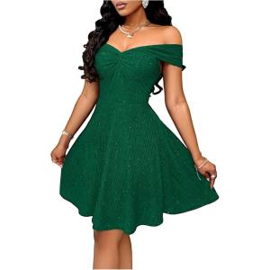 image:imageFloerns Womens Off The Shoulder Cocktail Dress Twist Front A Line Holiday Wedding Guest DressesDark Green