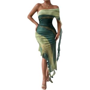 image:imageFloerns Womens One Shoulder Bodycon Ruffle Dress Tie Dye Ruched Mesh Evening Party Long DressesGreen