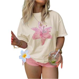 image:imageFloerns Womens Plus Size Floral Print Crew Neck T Shirts Casual Short Sleeve Summer TopsApricot