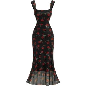 image:imageFloerns Womens Rose Floral Print Mesh Midi Dress Fishtail Hem Vacation Bodycon DressesBlack