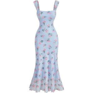 image:imageFloerns Womens Rose Floral Print Mesh Midi Dress Fishtail Hem Vacation Bodycon DressesBlue
