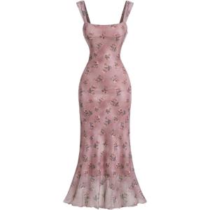 image:imageFloerns Womens Rose Floral Print Mesh Midi Dress Fishtail Hem Vacation Bodycon DressesDusty Pink
