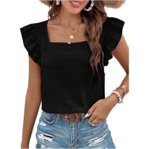 image:imageFloerns Womens Ruffle Cap Sleeve Square Neck Textured Summer Blouse TopsBlack