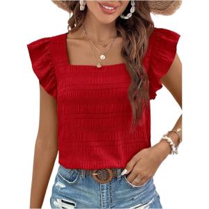 image:imageFloerns Womens Ruffle Cap Sleeve Square Neck Textured Summer Blouse TopsRed