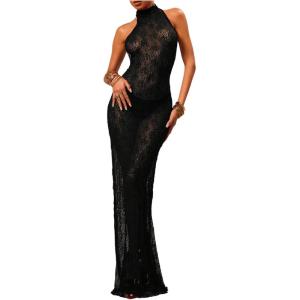 image:imageFloerns Womens See Through Sleeveless Halter Dress Party Backless Bodycon Maxi DressBlack