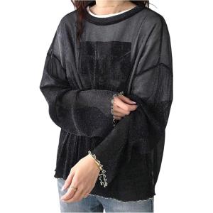 image:imageFloerns Womens Sheer Mesh Long Sleeve Oversized Drop Shoulder Y2k Tee ShirtsBlack