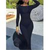 image:imageFloerns Womens Sheer Mesh Bodycon Dress Long Sleeve Boat Neck Beach Vacation Maxi DressDark Blue
