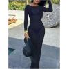 image:imageFloerns Womens Sheer Mesh Bodycon Dress Long Sleeve Boat Neck Beach Vacation Maxi DressDark Blue