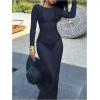 image:imageFloerns Womens Sheer Mesh Bodycon Dress Long Sleeve Boat Neck Beach Vacation Maxi DressDark Blue
