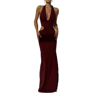image:imageFloerns Womens Cut Out Backless Halter Top Dress Deep V Neck Slit Maxi DressesRed
