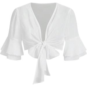 image:imageFloerns Womens Elegant Bow Tie Front Crop Tops V Neck See Through Layered Sleeve BlousesWhite