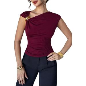 image:imageFloerns Womens Elegant Cap Sleeve T Shirts Metal Asymmetrical Neck Ruched Dressy Casual TopsRose Red