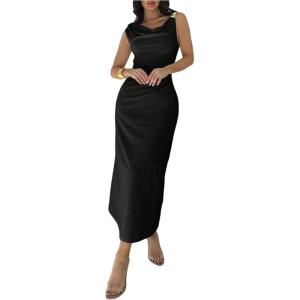 image:imageFloerns Womens Elegant Cowl Neck Long Cocktail Dress Sleeveless Draped Wedding Guest DressesBlack
