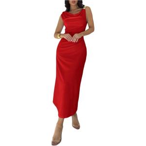 image:imageFloerns Womens Elegant Cowl Neck Long Cocktail Dress Sleeveless Draped Wedding Guest DressesRed