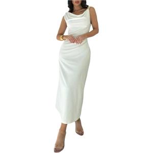 image:imageFloerns Womens Elegant Cowl Neck Long Cocktail Dress Sleeveless Draped Wedding Guest DressesWhite