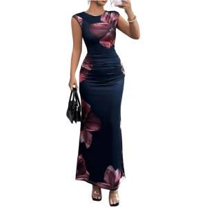 image:imageFloerns Womens Elegant Floral Bodycon Maxi Dress Ruched Crew Neck Sleeveless Wedding Guest DressesMulticolor