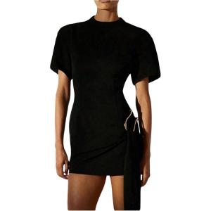 image:imageFloerns Womens Elegant Mock Neck Mini Dress Ruched Short Sleeve Bodycon Date Night DressesBlack