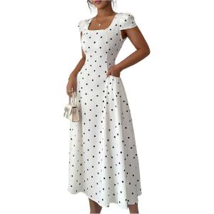 image:imageFloerns Womens Elegant Polka Dots Long Dress Square Neck A Line Wedding Guest DressesBlack and White