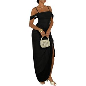 image:imageFloerns Womens Elegant Sexy Maxi Dress Cold Shoulder Ruffle Slit Hem Going Out Party Formal Cocktail DressesBlack