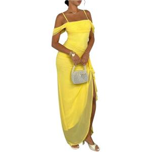 image:imageFloerns Womens Elegant Sexy Maxi Dress Cold Shoulder Ruffle Slit Hem Going Out Party Formal Cocktail DressesYellow