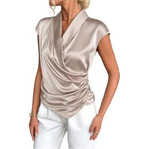 image:imageFloerns Womens Elegant Wrap V Neck Satin Blouses Cap Sleeve Dressy Casual ShirtsKhaki