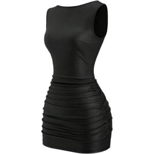 image:imageFloerns Womens Faux Leather Sleeveless Mini Dress Ruched Bodycon Rave Outfit Party DressesBlack