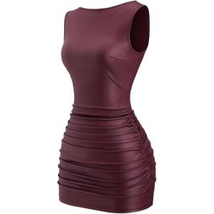 image:imageFloerns Womens Faux Leather Sleeveless Mini Dress Ruched Bodycon Rave Outfit Party DressesBurgundy