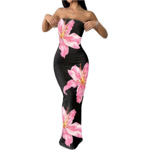 image:imageFloerns Womens Floral Print Strapless Tube Dress Bodycon Split Vacation Maxi DressesBlack Multi