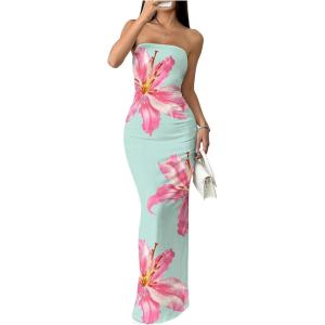 image:imageFloerns Womens Floral Print Strapless Tube Dress Bodycon Split Vacation Maxi DressesBlue Multi