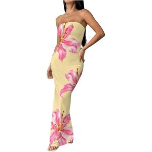 image:imageFloerns Womens Floral Print Strapless Tube Dress Bodycon Split Vacation Maxi DressesYellow Multi