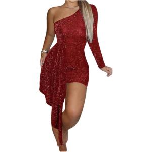 image:imageFloerns Womens Glitter One Shoulder Bodycon Dress Long Sleeve Shiny Party Mini DressBurgundy