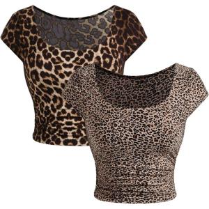 image:imageFloerns Womens Leopard Print Square Neck Short Sleeve Ruched Slim Fit Crop Casual Tee TopsMulticolor