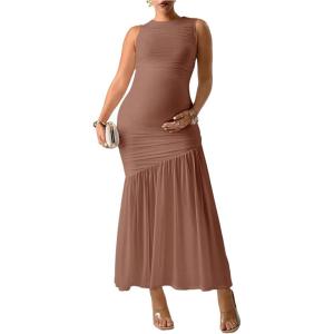image:imageFloerns Womens Maternity Mesh Tank Dress Ruched Ruffle Bodycon Maxi Pregnancy DressesKhaki