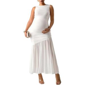 image:imageFloerns Womens Maternity Mesh Tank Dress Ruched Ruffle Bodycon Maxi Pregnancy DressesWhite