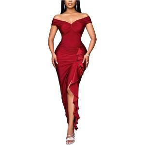 image:imageFloerns Womens Off The Shoulder Ruched Bodycon Dress Twist Front Ruffle Slit Hem Cocktail Maxi DressesRed