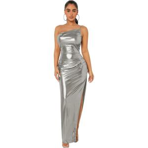 image:imageFloerns Womens One Shoulder Sleeveless Ruched Slit Hem Metallic Bodycon Long DressSilver