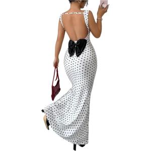 image:imageFloerns Womens Polka Dots Cowl Neck Maxi Dress Vintage Bow Backless Bodycon Party Cocktail DressesBlack and White