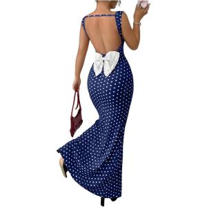 image:imageFloerns Womens Polka Dots Cowl Neck Maxi Dress Vintage Bow Backless Bodycon Party Cocktail DressesBlue