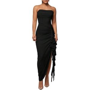 image:imageFloerns Womens Ruffle Trim Ruched Slit Strapless Dress Sleeveless Bodycon Maxi DressesBlack