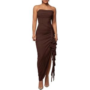 image:imageFloerns Womens Ruffle Trim Ruched Slit Strapless Dress Sleeveless Bodycon Maxi DressesCoffee Brown