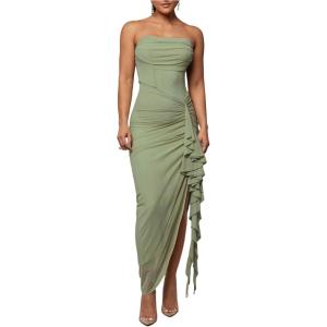 image:imageFloerns Womens Ruffle Trim Ruched Slit Strapless Dress Sleeveless Bodycon Maxi DressesGreen
