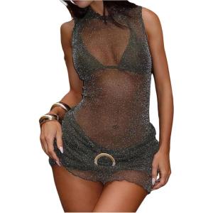 image:imageFloerns Womens See Through Cover Up Dress Club Night Out Glitter Bodycon Mini DressesArmy Green