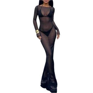 image:imageFloerns Womens Sheer Mesh Bodycon Dress Long Sleeve Boat Neck Beach Vacation Maxi DressBlack