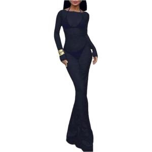 image:imageFloerns Womens Sheer Mesh Bodycon Dress Long Sleeve Boat Neck Beach Vacation Maxi DressDark Blue