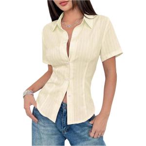 image:imageFloerns Womens Striped Button Down Shirts Short Sleeve Collared Neck Going Out BlousesApricot