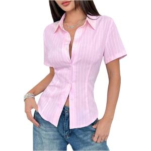 image:imageFloerns Womens Striped Button Down Shirts Short Sleeve Collared Neck Going Out BlousesPink